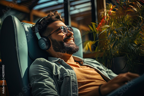 Young man in headphones listening to music at home. man sitting on sofa