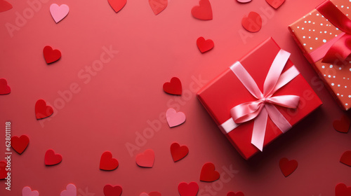 Valentines Day red background with red and pink hearts and gift © tashechka