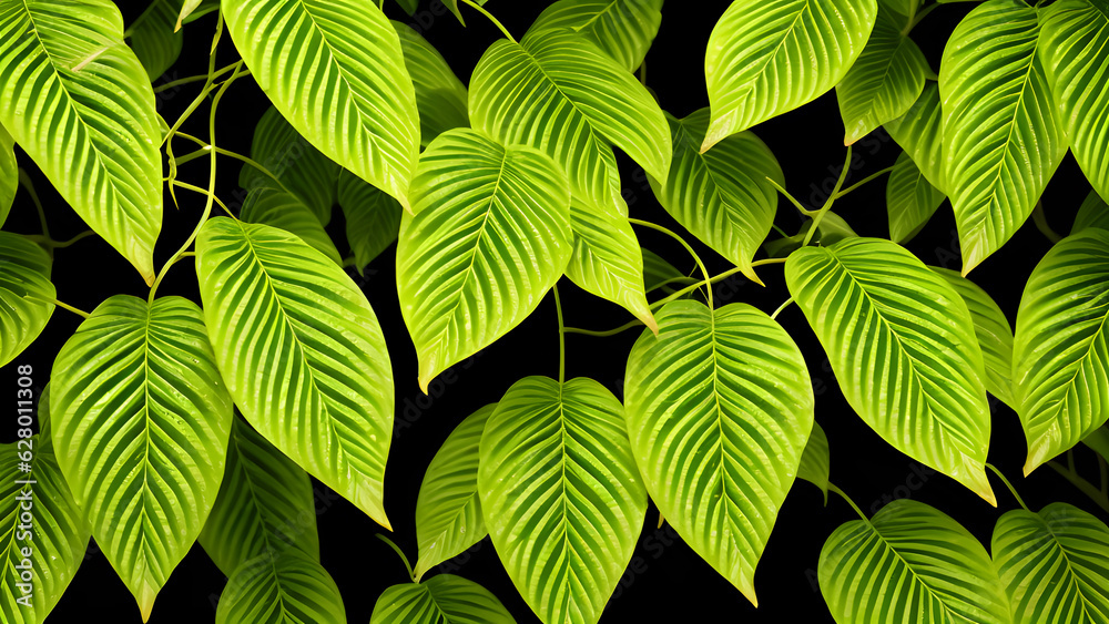 Tropical foliage seamless pattern on slight blurred background. Close-up leaves display