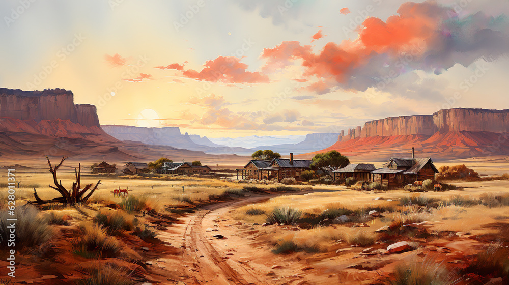 The Territory Of The American Valley During The Wild West. Illustration On The Theme Of Landscapes And Territories, Travel And Adventure And History. Generative AI