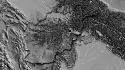 Shape of Afghanistan. Bevelled. Grayscale.