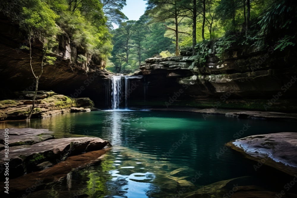 Naklejka premium Hidden Waterfall Cascading Into A Serene River, Generative AI