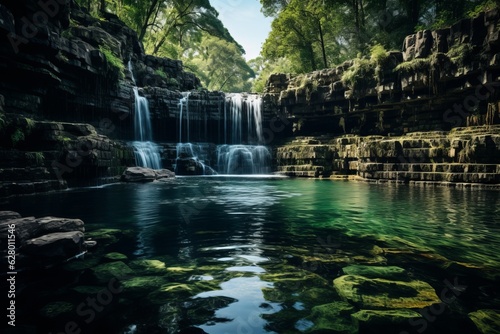 Hidden Waterfall Cascading Into A Serene River  Generative AI