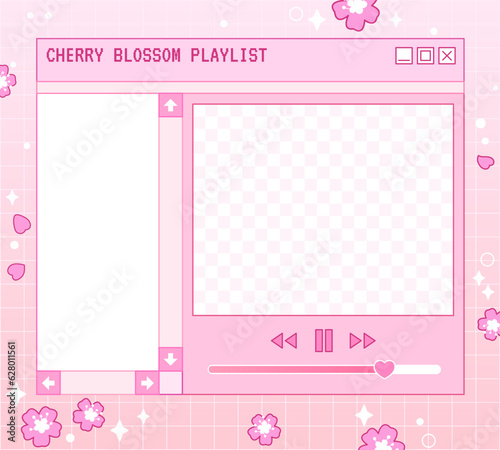 Kawaii memo pad with cherry blossom. Pink cute note pad. Linear vaporwave retro pc window. Trendy, nostalgic, colorful style 90s. Stories and post frame template. Social media design.