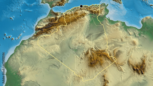 Shape of Algeria with regional borders. Relief.