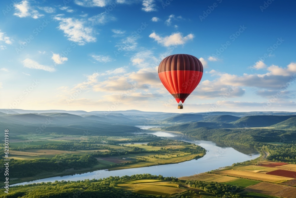 Obraz premium Hot Air Balloon Floating Over A Picturesque Landscape, Generative AI 