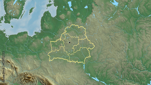 Shape of Belarus with regional borders. Relief.