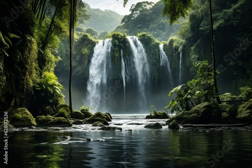 Majestic Waterfall Surrounded By Lush Forest, Generative AI