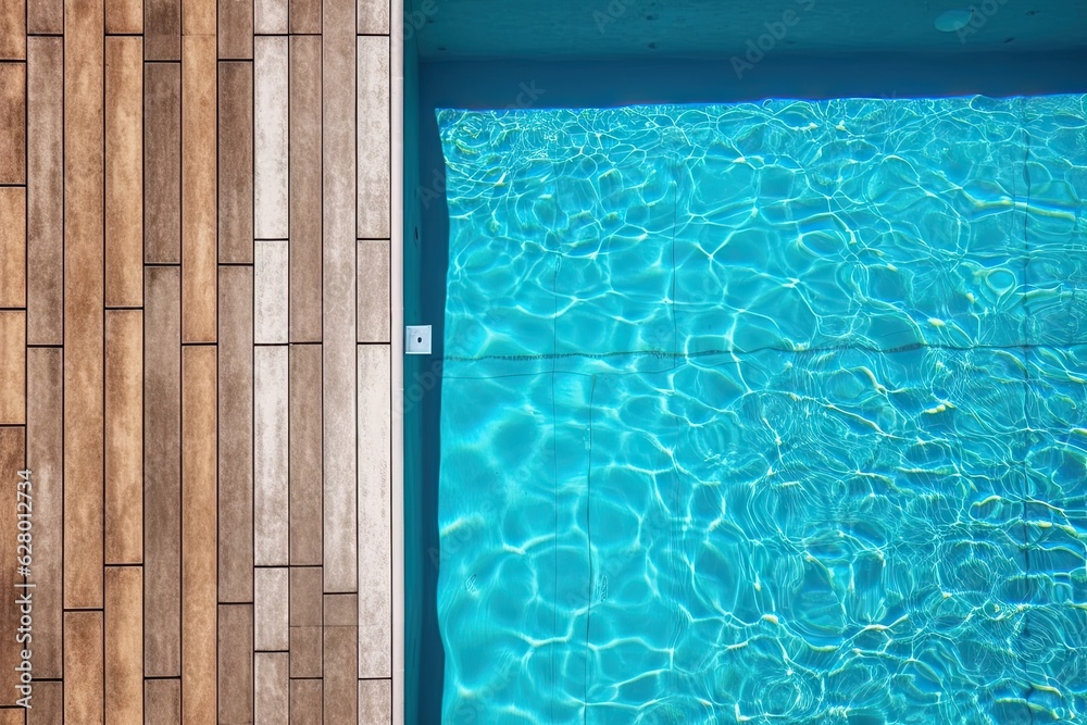 Obraz premium Poolside paradise. Top view of an empty outdoor pool with wooden board on beautiful relaxing background