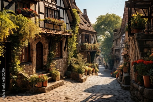  Pictresque Medieval Town With Cobbles Road  Generative AI