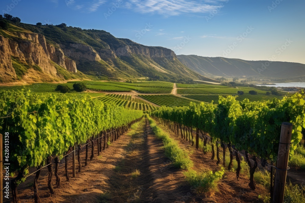Pictresque Vineyard With Rows Of Grape Trees, Generative AI 