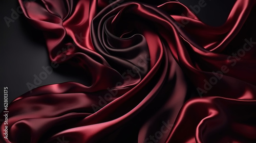 Black red burgundy silk satin. Soft wavy folds. Shiny fabric. Generative Ai