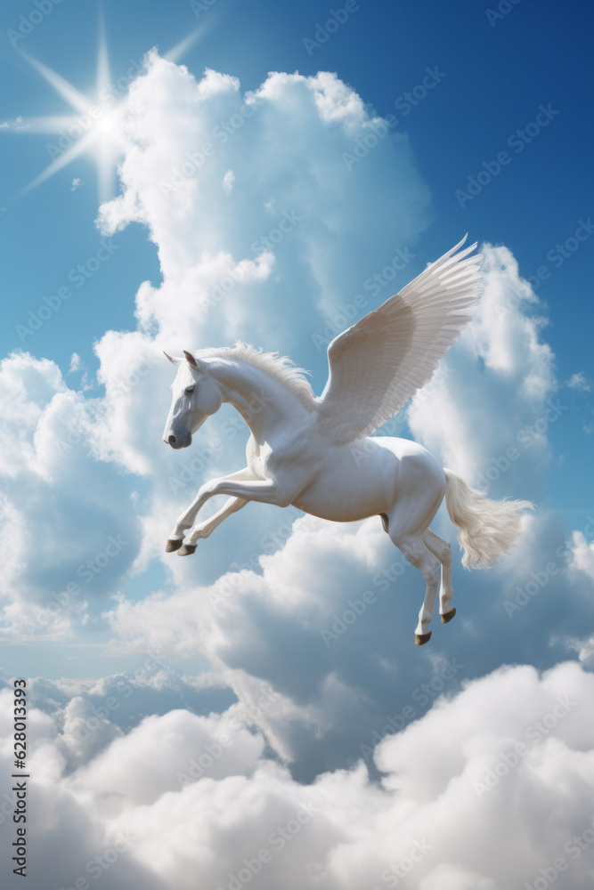 The mythological horse Pegasus, the patron saint of writers and poets, rides in the clouds in the sunlight bringing good luck to all creative people. Generated by Ai The mythological horse Pegasus, the patron saint of writers and poets, rides in the clouds in the sunlight bringing good luck to all creative people. Generated by Ai