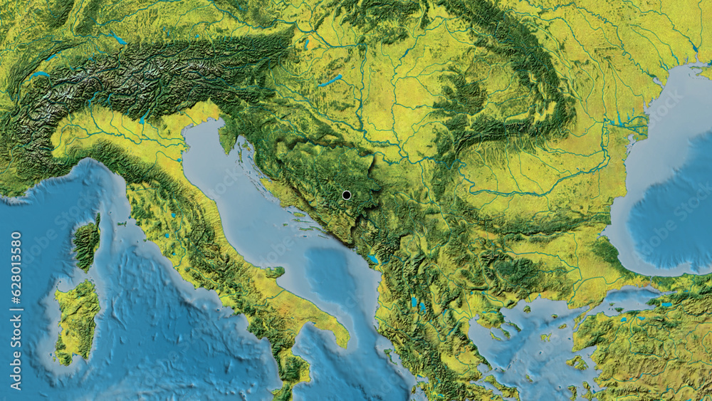 Shape of Bosnia and Herzegovina. Bevelled. Topographic.