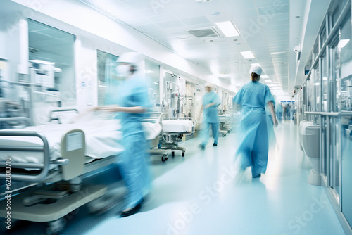 Photo Long exposure blurred motion of medical doctors and nurses in a hospital ward we