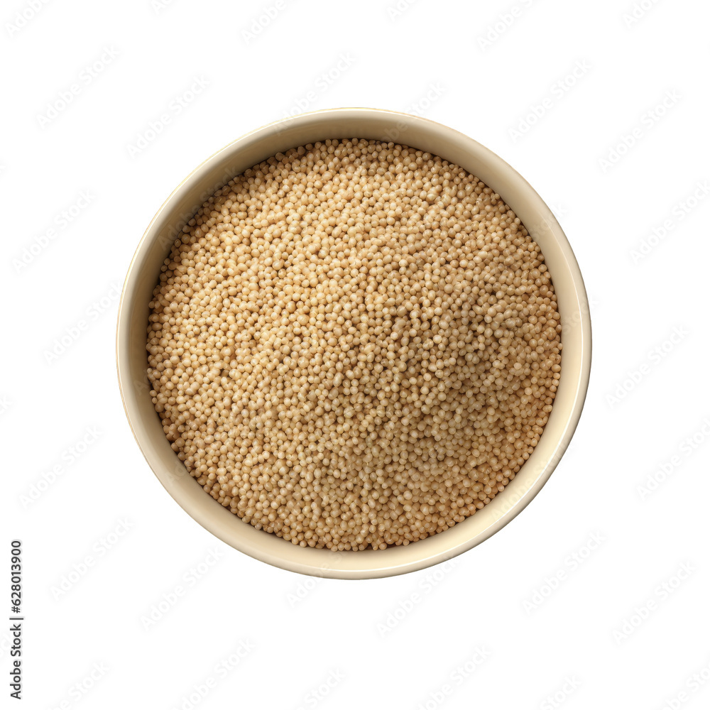 Top view of isolated bowl full of raw quinoa on a cutout PNG transparent background Top view of isolated bowl full of raw quinoa on a cutout PNG transparent background