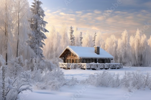 snow-covered log cabin in a winter landscape