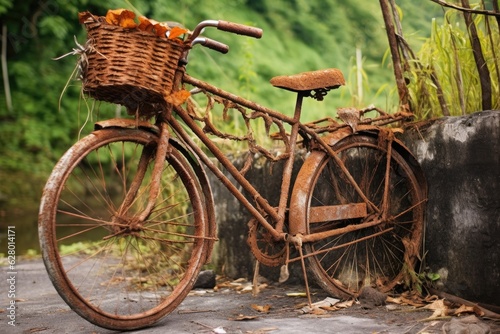 rusty vintage bicycle with a broken basket