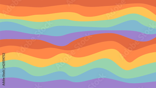 Groovy rainbow waves background. Psychedelic retro abstract backdrop. Curve colorful stripes vector design in 60-70s hippie style. Trippy funky banner template.