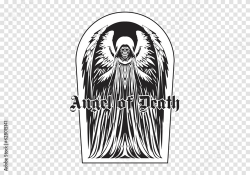 Vector black and white ink mystical sticker or emblem. Winged angel of death with a skull on a white background. Religion and culture.