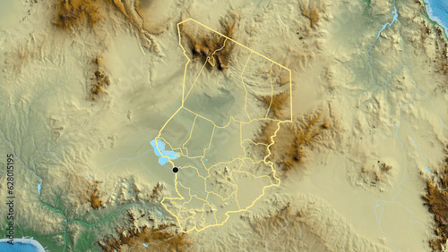 Shape of Chad with regional borders. Relief.