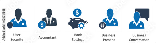 A set of 5 business icons as user security, accountant, bank settings