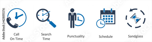 A set of 5 business icons as call on time, search time, punctuality