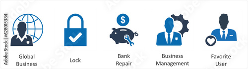 A set of 5 business icons as global business, lock, bank repair
