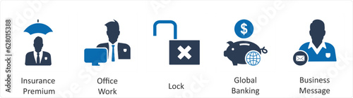 A set of 5 business icons as insurance premium, office work, lock