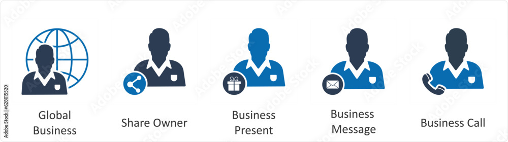 A set of 5 business icons as global business, share owner, business present
