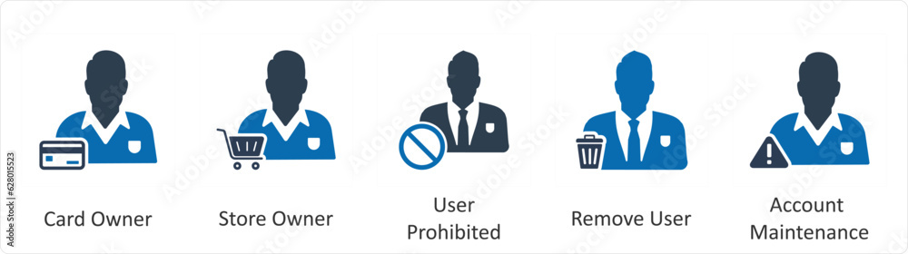 A set of 5 business icons as card owner, store owner, user prohibited A set of 5 business icons as card owner, store owner, user prohibited