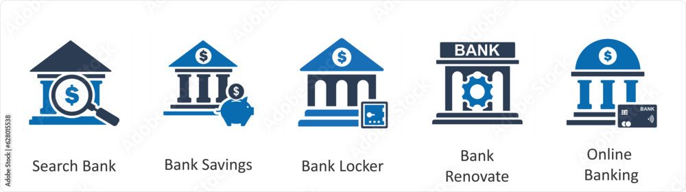 A set of 5 business icons as search bank, bank savings, bank locker, A set of 5 business icons as search bank, bank savings, bank locker,