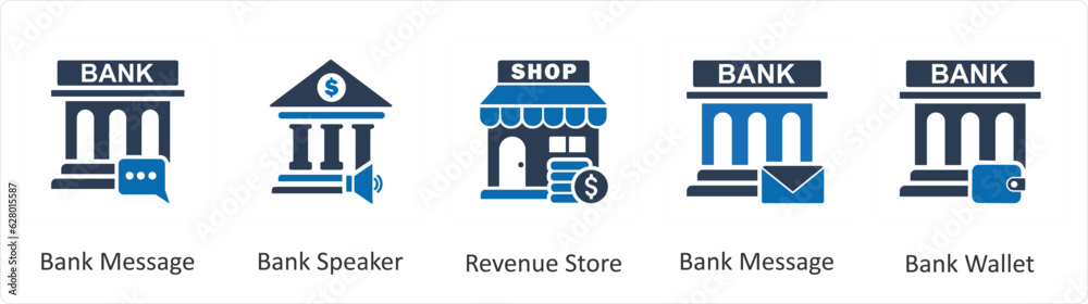 A set of 5 business icons as bank message, bank speaker, revenue store A set of 5 business icons as bank message, bank speaker, revenue store