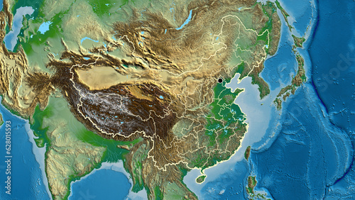 Shape of China with regional borders. Physical.