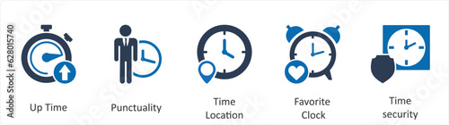 A set of 5 business icons as up time, punctuality, time location