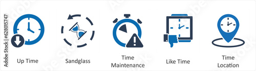 A set of 5 business icons as up time, sandglass, time maintenance