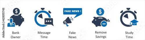 A set of 5 business icons as bank owner, message time, fake news