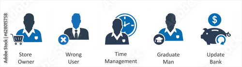 A set of 5 business icons as store owner, wrong user, time management