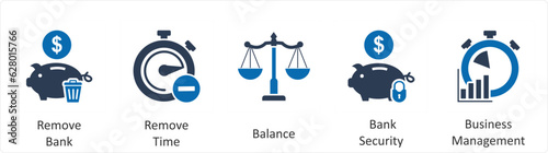 A set of 5 business icons as remove bank, remove time, balance