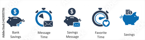 A set of 5 business icons as revenue banking, waste of time, piggy bank
