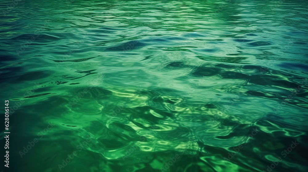 Green abstract background. Toned water surface. Reflection of clouds and light. Generative Ai