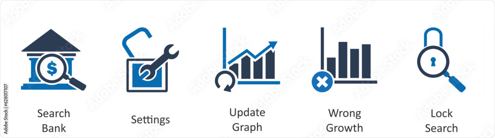 A set of 5 business icons as search bank, settings, update graph A set of 5 business icons as search bank, settings, update graph