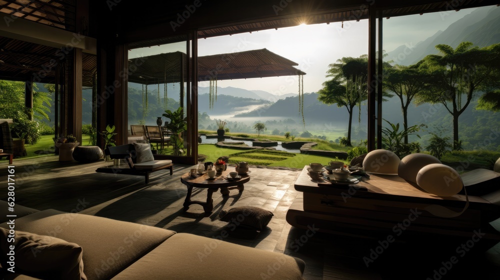 The design of hotels and resorts, the rooms are luxurious and classy, well arranged with sofas. Adjacent to nature, green fields surrounded by mountains The design of hotels and resorts, the rooms are luxurious and classy, well arranged with sofas. Adjacent to nature, green fields surrounded by mountains
