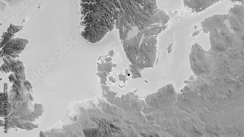 Shape of Denmark with regional borders. Grayscale.