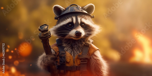 Papier peint Amusing Raccoon Firefighter in Uniform Ready to Tackle Fires - AI generated