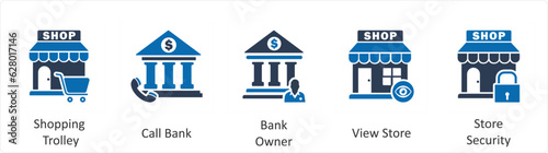 A set of 5 business icons as shopping trolley, call bank, bank owner