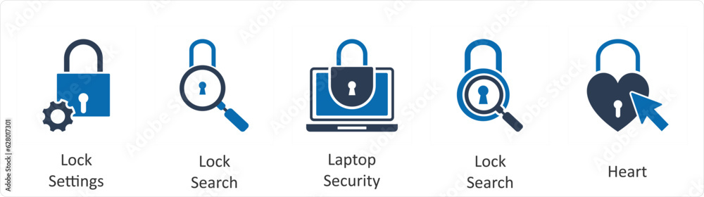 A set of 5 business icons as lock settings, lock search, laptop security A set of 5 business icons as lock settings, lock search, laptop security