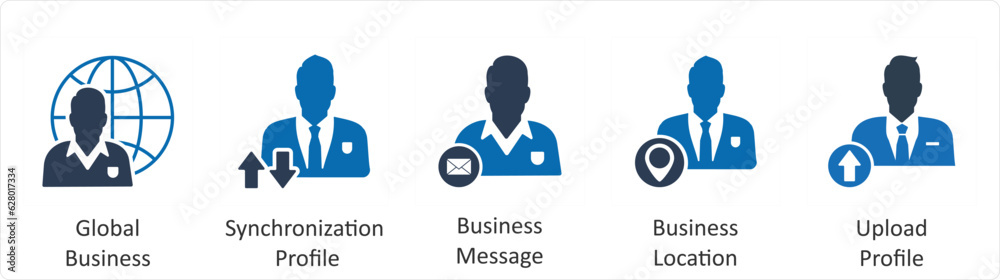A set of 5 business icons as global business, synchronization profile, business message A set of 5 business icons as global business, synchronization profile, business message