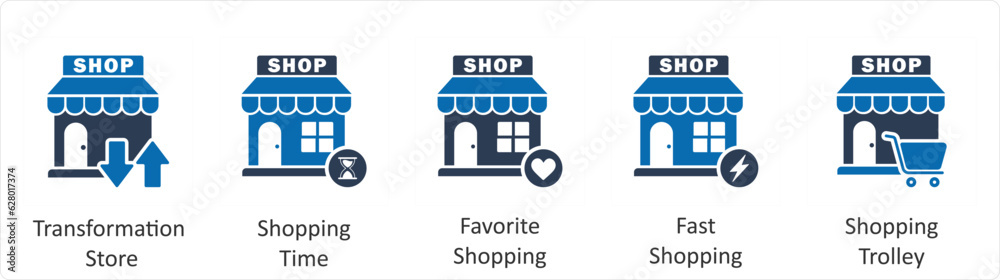 A set of 5 business icons as transformation store, shopping time, favorite shopping A set of 5 business icons as transformation store, shopping time, favorite shopping