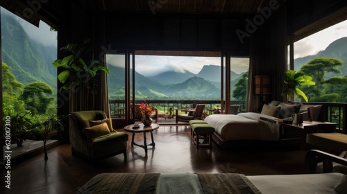 The design of hotels and resorts, the rooms are luxurious and classy, well arranged with sofas. Adjacent to nature, green fields surrounded by mountains © panu101
